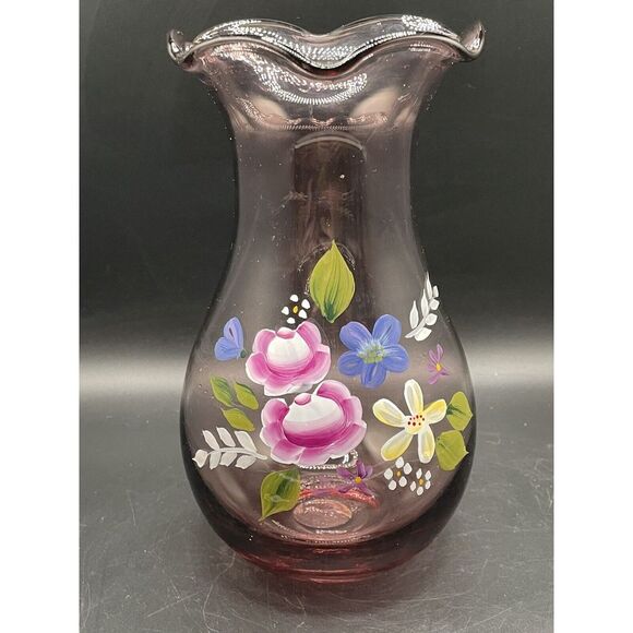 Fenton Floral‎ HAND PAINTED PURPLE VASE WITH RUFFLED EDGE 8" TALL